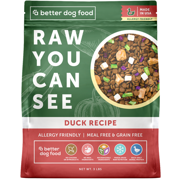 A Better Dog Food - Allergy Friendly Duck| No Chicken, Only Duck Animal Protein, No Meal Ingredients, Grain Free | Raw You Can See