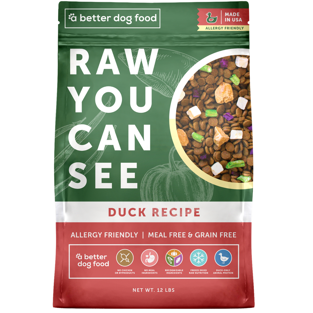 A Better Dog Food - Allergy Friendly Duck| No Chicken, Only Duck Animal Protein, No Meal Ingredients, Grain Free | Raw You Can See